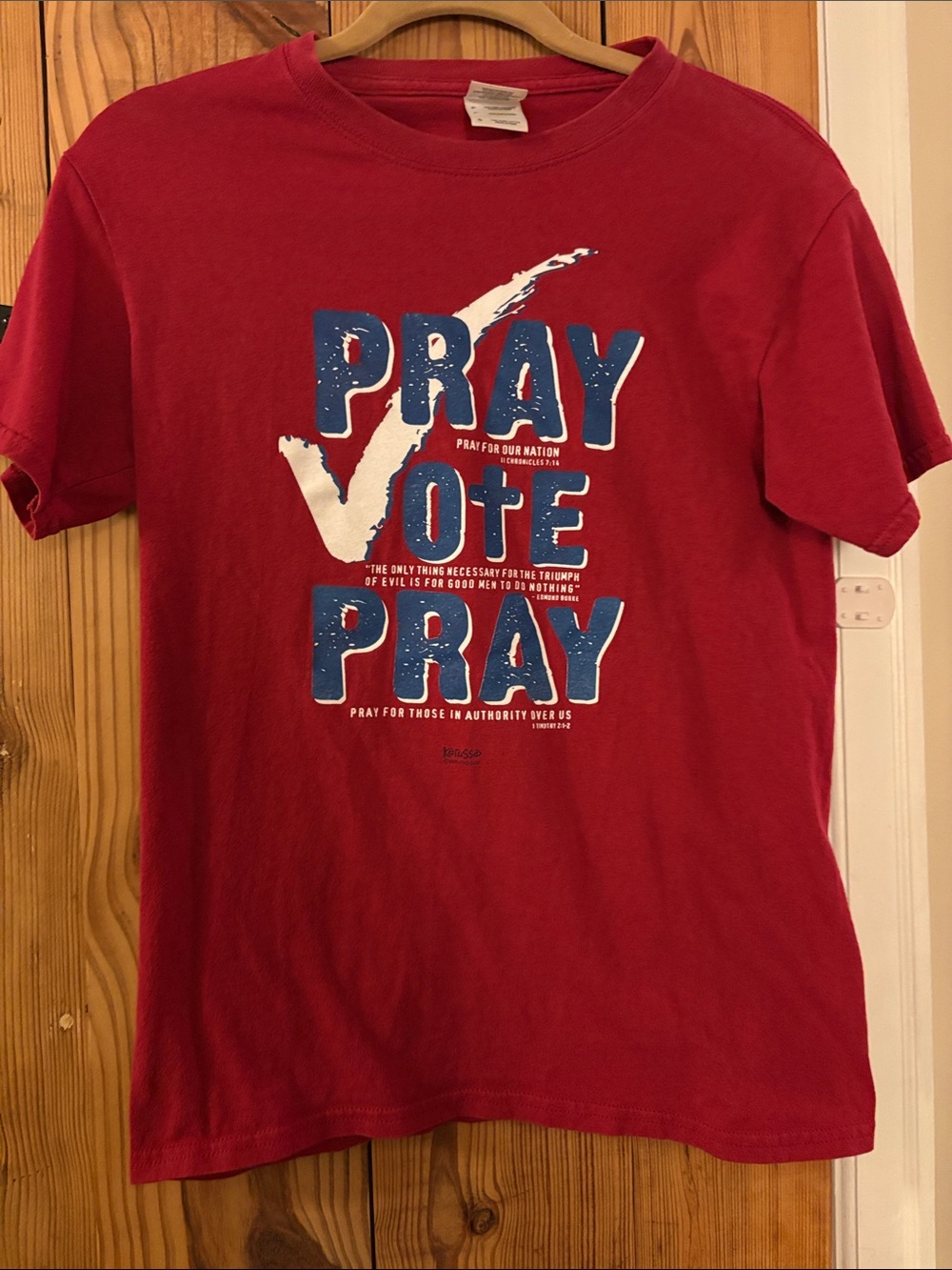 Gildan Red Short Sleeve Tee with Blue and White 'Pray Vote Pray' Graphic